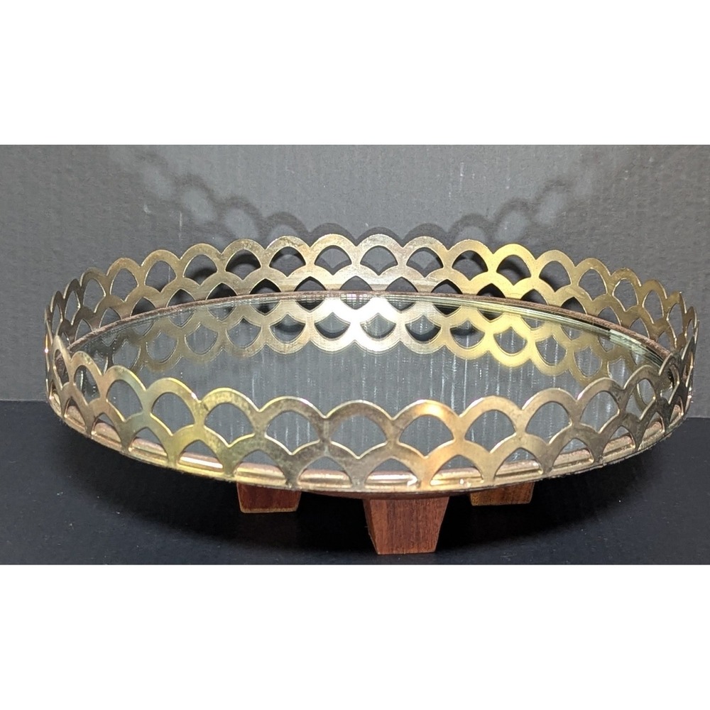 Vintage Vanity Mirror Round Scalloped Metal Lattice Frame 12" Original Felt Back